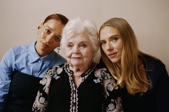 Scarlett Johansson (right) with her stars June Squibb (centre) and Erin Kellyman.