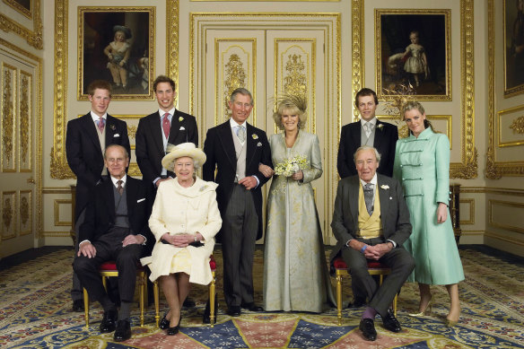 Tom Parker Bowles, second from right in the back row, with members of the royal family when his mother, Camilla, wed the then-Prince of Wales, Charles in 2005.
