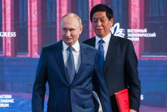 Chairman of China’s National People’s Congress Li Zhanshu with Russian President Vladimir Putin at the Eastern Economic Forum in Vladivostok last week.