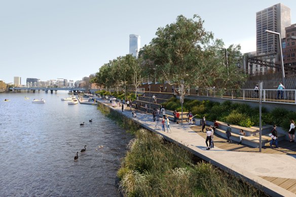 An artist’s impression of a section of the Greenline works along the Yarra River. The project has struggled for funding since it was first announced.