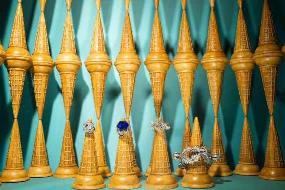 A jewellery display features ice cream cone-like stands at the newly renovated Tiffany & Co flagship store in New York.