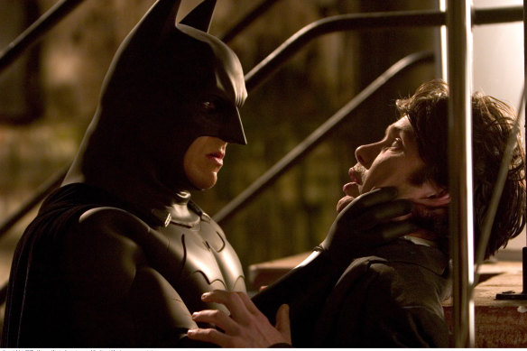 Christian Bale as Batman and Cillian Murphy as Dr. Jonathan Crane in Batman Begins.