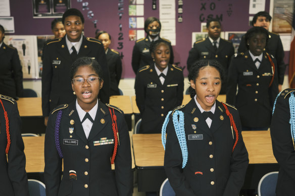 Students in JROTC recite the Cadet Creed at South Atlanta High School in Atlanta.