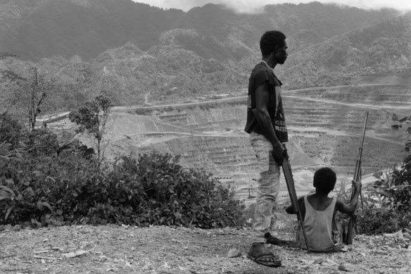 Rebel guerillas above the Panguna copper and gold mine in Bougainville in 1994.