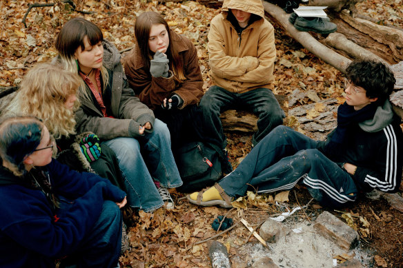 Logan Lane (centre) at a weekly meeting of the Luddite Club in Brooklyn.