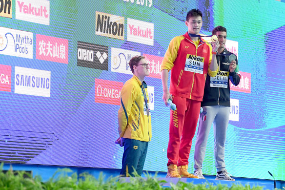 Australia's Mack Horton protests against China's Sun Yang's 400m freestyle win at the 2019 swimming world championships.