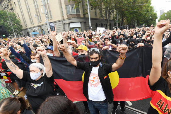 Invasion Day protesters in Melbourne on January 26, 2021.