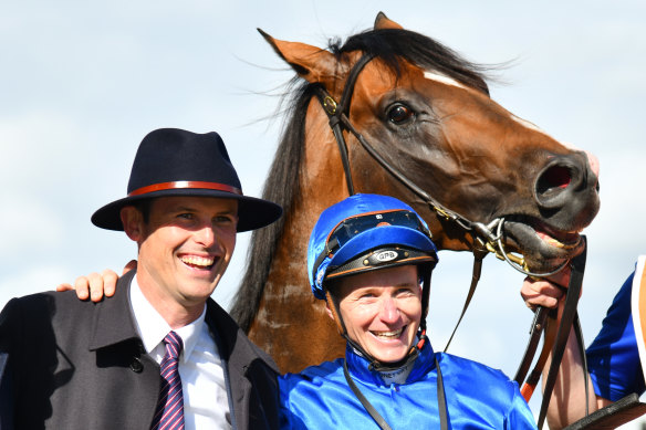 James Cummings and James McDonald with Golden Mile after winning the Caulfield Guineas last year.