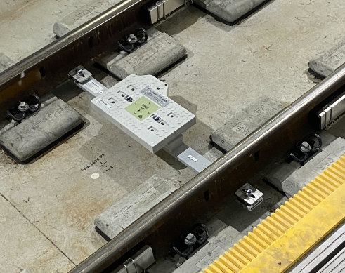 A balise, or electronic beacon, on the Cross River Rail tracks at Roma Street.