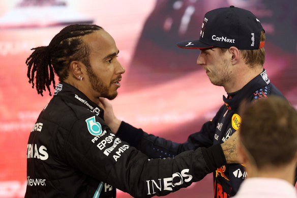 Lewis Hamilton congratulates Max Verstappen.