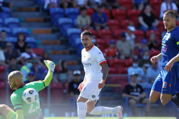 City’s Jamie Maclaren is denied by Jets goalkeeper Jack Duncan.
