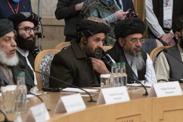 Taliban co-founder Mullah Abdul Ghani Baradar, centre, with other members of a Taliban delegation attend an international peace conference in Moscow, Russia, in March.