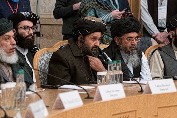 Taliban co-founder Mullah Abdul Ghani Baradar, centre, with other members of a Taliban delegation attend an international peace conference in Moscow, Russia, in March.