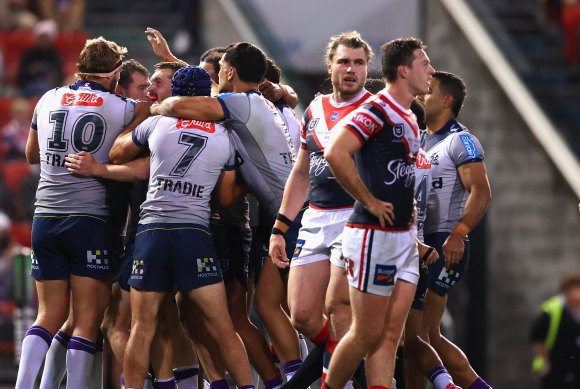 The Storm celebrate one of Josh Addo-Carr’s three tries on Thursday night in Newcastle.
