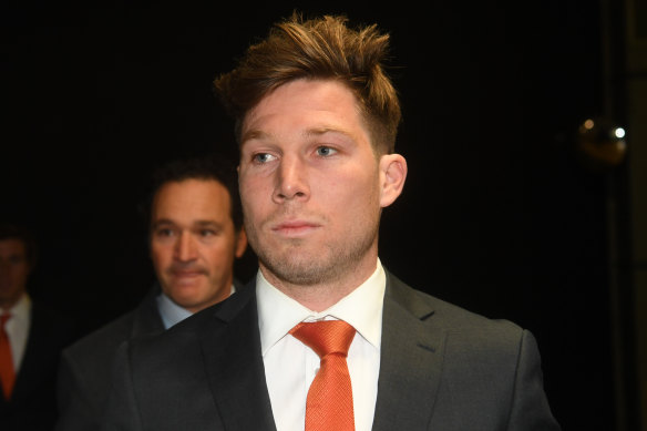 Toby Greene arrives at AFL House ahead of his tribunal hearing.