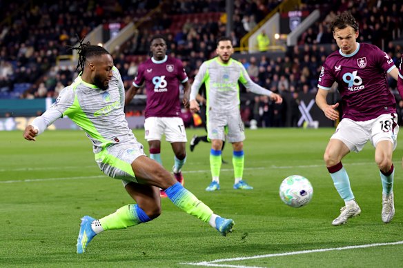 Antoine Semenyo fires a shot at goal during his side’s win over Burnley.