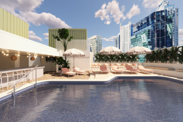 Retro umbrellas by the rooftop pool.
