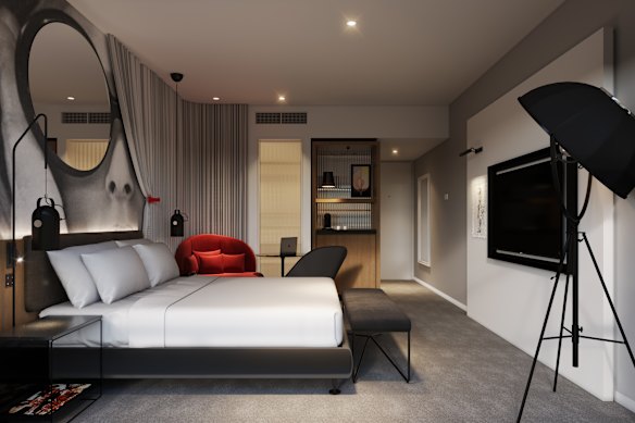 A rendering of a Hotel Indigo room.