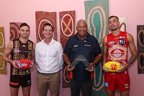 Andrew Dillon at the launch of Sir Doug Nicholls rounds with Hawthorn’s Karl Amon, former South Fremantle champion Stephen Michael and Gold Coast’s Joel Jeffrey.