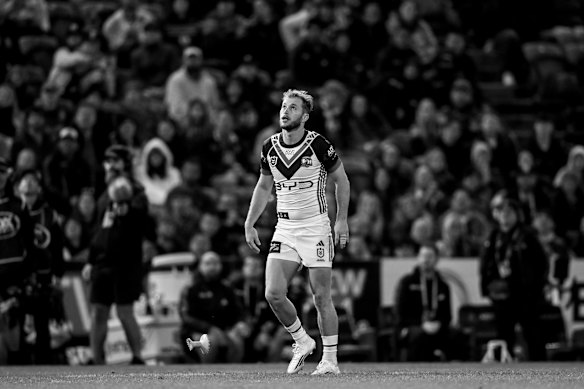 Eyes always on the prize: Roosters half Sam Walker watches a conversion attempt sail toward the uprights against Newcastle.