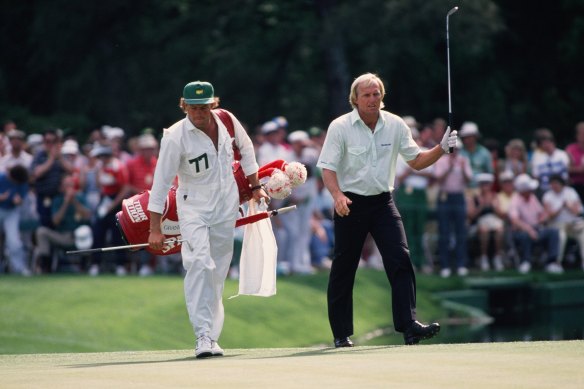 In 1988 with caddy Steve Williams, who has since recounted tales of how Norman would blame him if he missed a shot. 