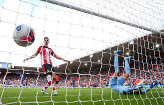 Southampton's Jan Bednarek and Angus Gunn can't stop N'Golo Kante scoring for Chelsea at St Mary's.