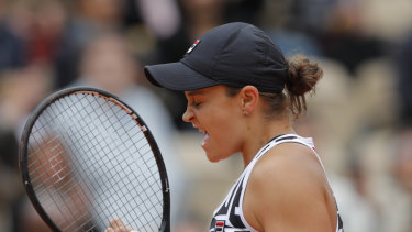 Australia's Ashleigh Barty celebrates winning her semi-final at the French Open. 
