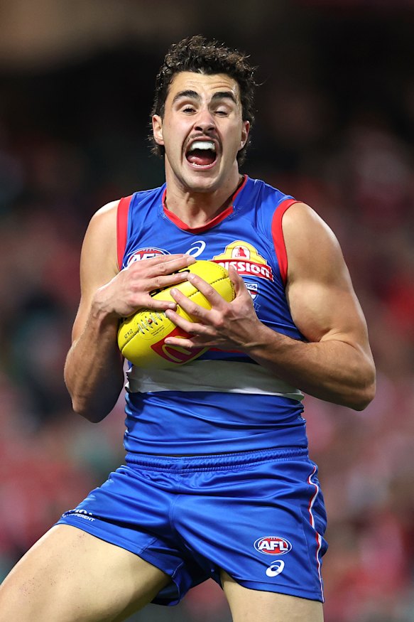 Joel Freijah of the Bulldogs marks the ball.
