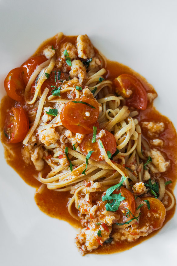 Crab linguine in a tomatoey bisque sauce.