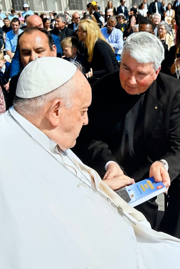 Fr Frank Brennan with Pope Francis in Rome in 2016.