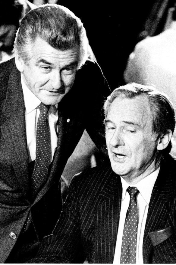 Then prime minister Bob Hawke with the man he replaced as leader of the ALP, Bill Hayden, in July 1984.