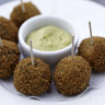Bitterballen, a typical Dutch snack, served warm with mustard. 