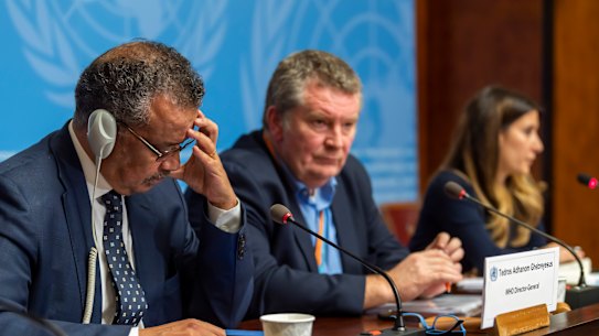 WHO executives, from left, Tedros Adhanom Ghebreyesus, Director General of the World Health Organisation with Michael Ryan, Executive Director, WHO Health Emergencies Programme, and Maria van Kerkhove, Head of the Outbreak Investigation Task Force, during a press conference in Geneva.