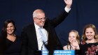 Scott Morrison with his family, claiming victory in the ballroom of the Sofitel Wenworth in Sydney. 