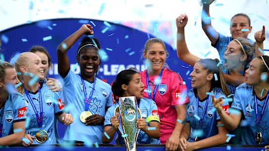 Champions: Sydney FC celebrate their win over the Glory in the W-League grand final at Jubilee Stadium.