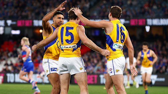 MELBOURNE, AUSTRALIA - AUGUST 20: Jamie Cripps of the Eagles celebrates kicking a goal during the round 23 AFL match between Western Bulldogs and West Coast Eagles at Marvel Stadium, on August 20, 2023, in Melbourne, Australia. (Photo by Daniel Pockett/Getty Images)
