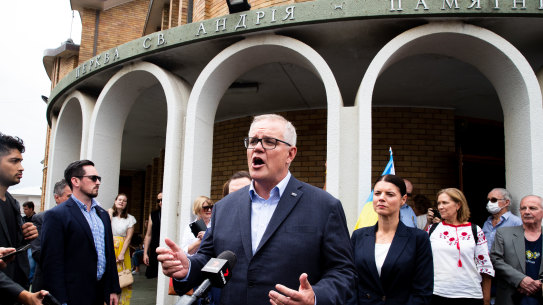Prime Minister Scott Morrison, outside St Andrew’s Ukrainian Church, says Australia will take refugees from Ukraine above its regular humanitarian cap.