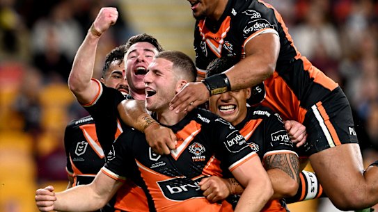 Adam Doueihi celebrates a try and a huge upset victory over Brisbane last weekend.