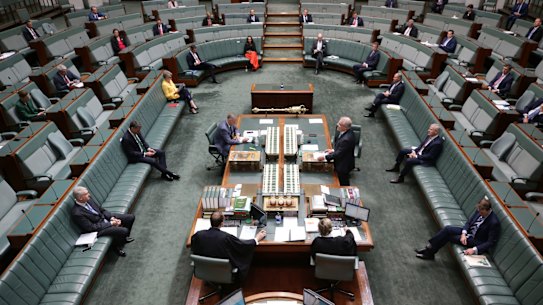 Australian Prime Minister Scott Morrison delivers a ministerial statement on COVID-19. Parliament is sitting today to debate the Coronavirus Economic Response package bills, at Parliament House in Canberra on Wednesday 8 April 2020. fedpol covid-19 Photo: 