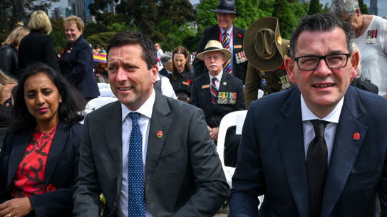 Premier Daniel Andrews (right) next to Opposition Leader Matthew Guy (centre) and Victorian MP Michelle Ananda-Rajah