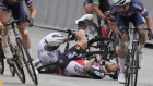 Peter Sagan, centre left, and Caleb Ewan, centre right, collided during the sprint towards the finish line.