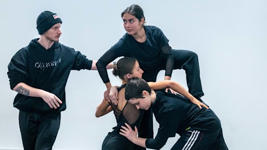 Jayden Hicks with students Alex, Ximena and Charlie at Transit Dance.