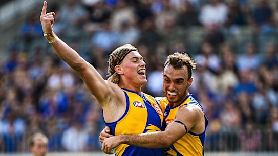 Harley Reid celebrates a goal in West Coast’s win over Richmond. He will need to keep dominating to earn a big wage in this third season. 