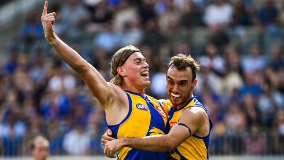 Harley Reid celebrates a goal in West Coast’s win over Richmond. He will need to keep dominating to earn a big wage in this third season. 