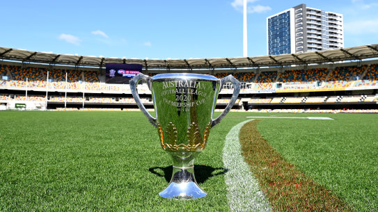 The AFL premiership cup gets comfortable at the Gabba.
