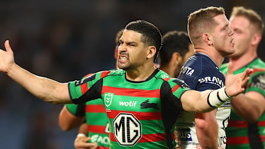 Cody Walker celebrates an Alex Johnston try.