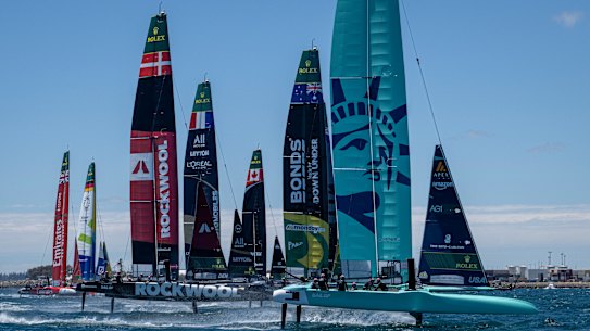 Competitors line up for the opening day of the SailGP in Perth.