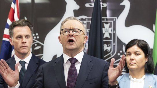Prime Minister Anthony Albanese with NSW Premier Chris Minns and NT Chief Minister Natasha Fyles after a national cabinet in Brisbane in August.