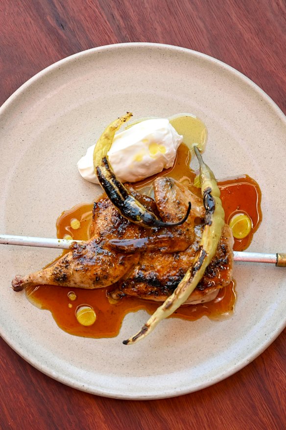 Quail skewer with sheep’s yoghurt and guindilla chilli.