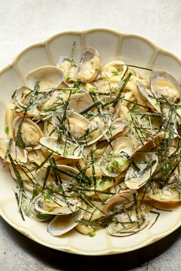 Udon with pipis and seaweed butter.
